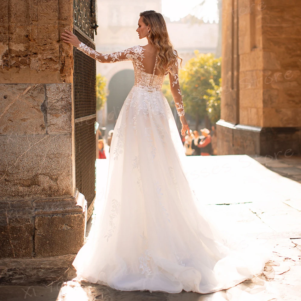 Vestido De novia De manga larga con apliques De encaje para mujer, traje bohemio, exquisito, estilo clásico, ilusión De botones