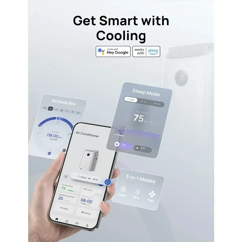 Ar condicionado portátil, resfriamento dreno, APP/voz/controle remoto, com ventilador e desumidificador, ar condicionado inteligente interno