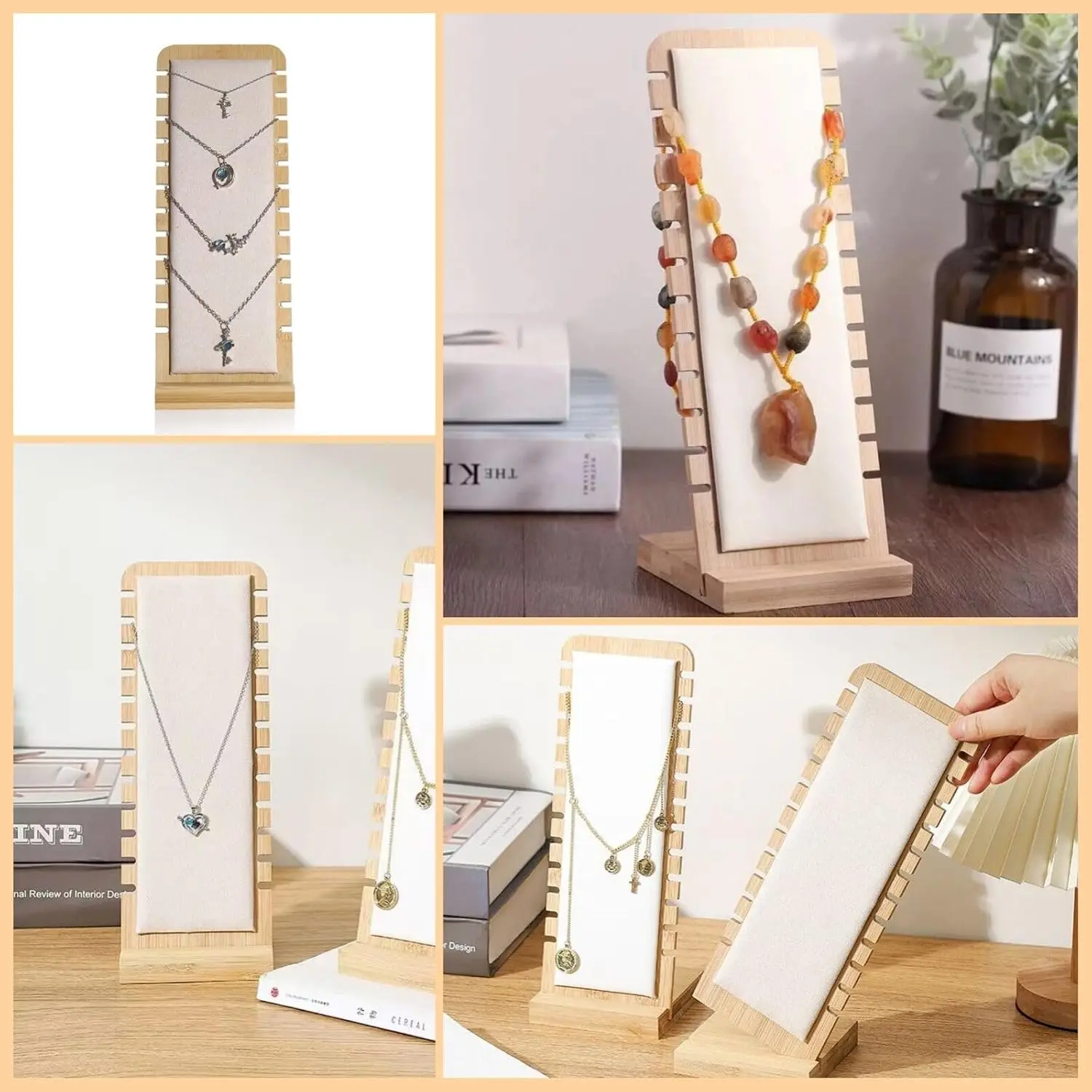 Natural Color Bamboo Leather Soft Mat Multiple Necklace Display Stand Bracelets Chains Organizer Holder For Home