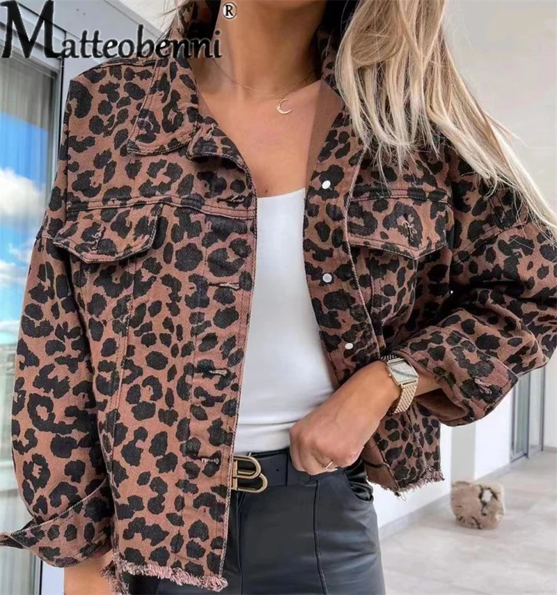 

Autumn New Leopard Print Denim Jacket Women's Single-breasted Cardigan Lapel Collar Coat Female Casual Commuter Loose Outerwear