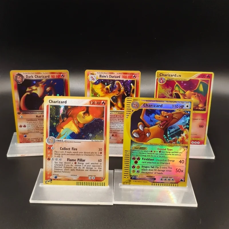 

Набор из 5 моделей DIY PKM Pocket Monsters PTCG: Английские коллекционные карты Чаризард 80HP, 100HP, 110HP, 120HP. Аниме-подарки и игрушки.