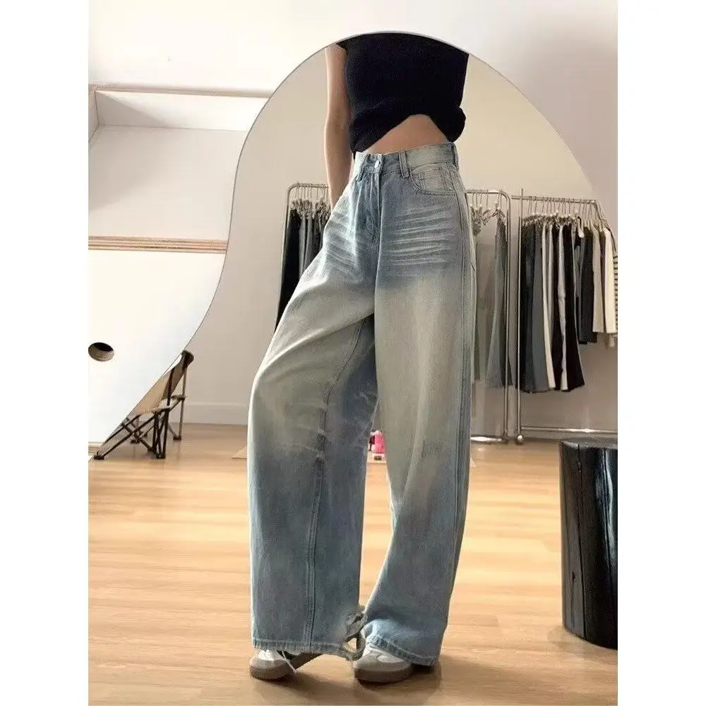 

American Retro Wide Leg Denim Jeans Women's New 2026 Small Wa High Waist Loose Slim Straight Tube Pants Casual Cotton Blend