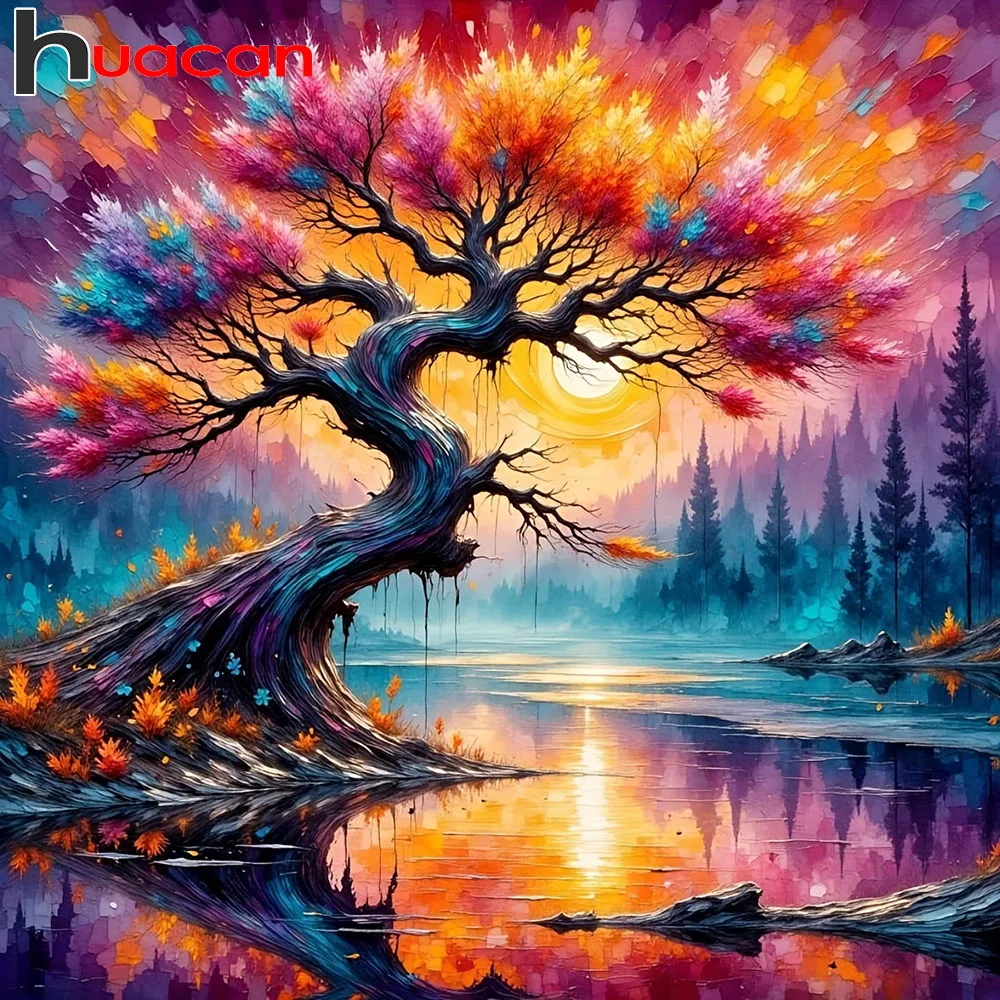 Huacan Baum Diamant Malerei 5D DIY Sonnenuntergang Landschaft Wand Dekor Voll Platz Runde Diamant Stickerei