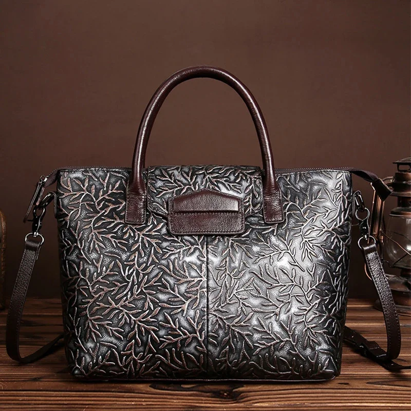 Vintage Trend Women Embossed Genuine Leather First Layer Cowhide Handbag Famous Brand Casual Messenger Shoulder Bags New