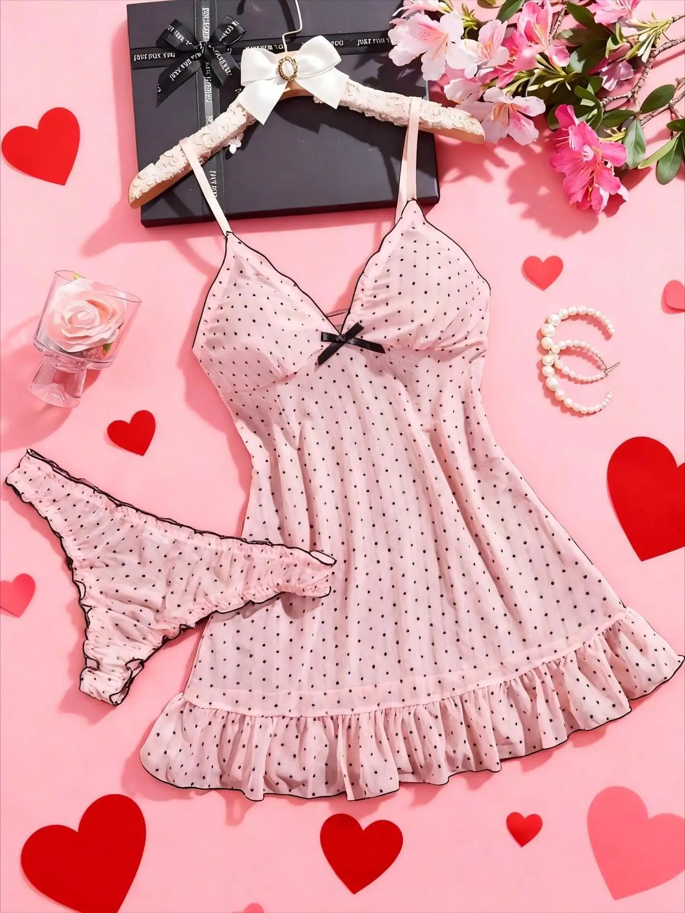 

2-Piece Polka Dot Sheer Mesh Chemise and Panty Set for Women