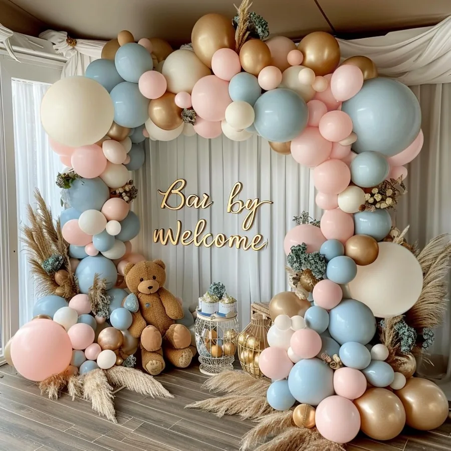 

Gender Reveal Balloon Arch Kit 144PCS Dusty Pink and Blue Balloons Chrome Gold Sand White Balloons for Gender Reveal Boho Bache