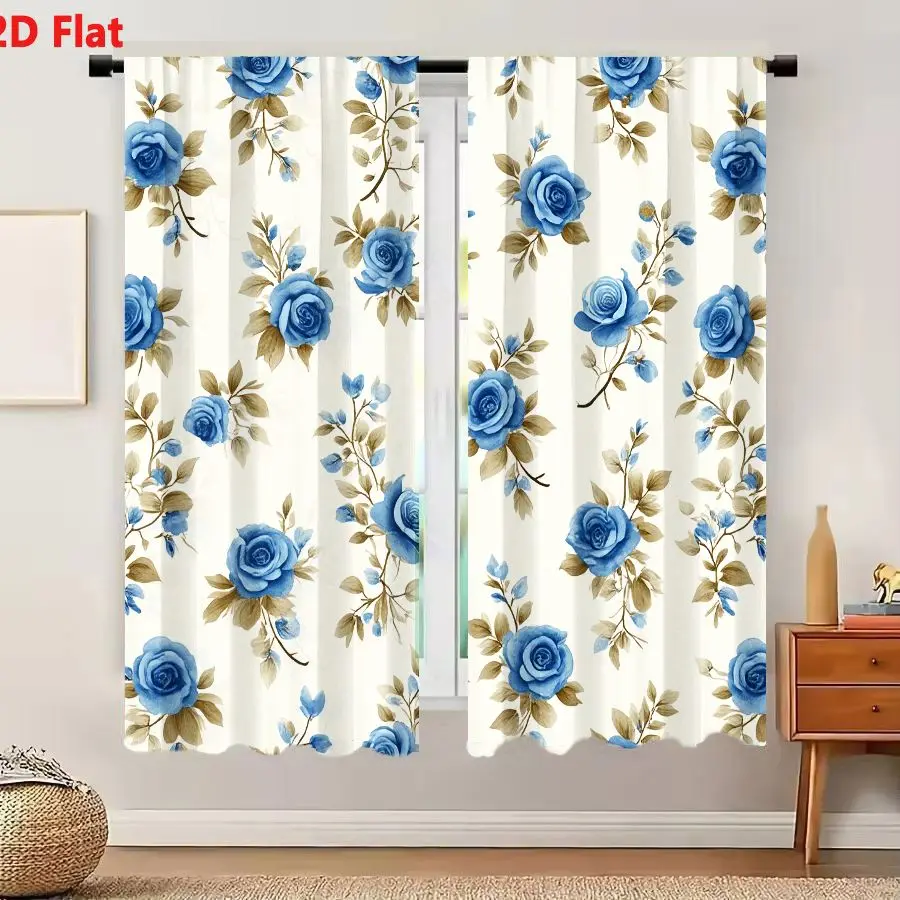 2 cortinas con patrón plano 2D sin costuras, rosas azules, azul claro, flores pequeñas, hojas verdes pardas, fondo crema, clásico D