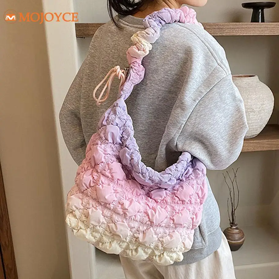 Gradient Cloud Pleatd Underarm Bags Women's Quilted Embroidery Thread Drawstring Shoulder Bag Korean Puffer Cotton Crossbody Bag