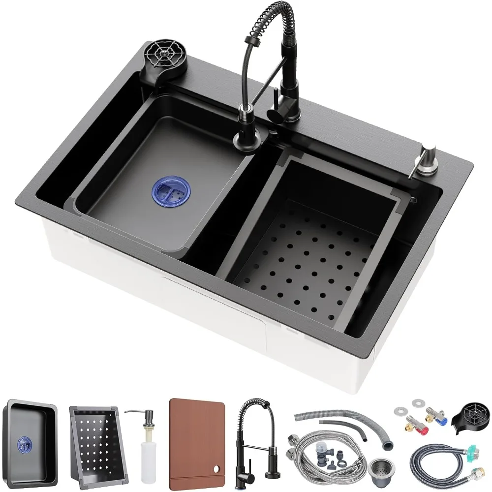 Kitchen Sink, Single Bowl Stainless Steel Sink Multifunctional Drop In Sink with Pull-Down Faucet and Multiple