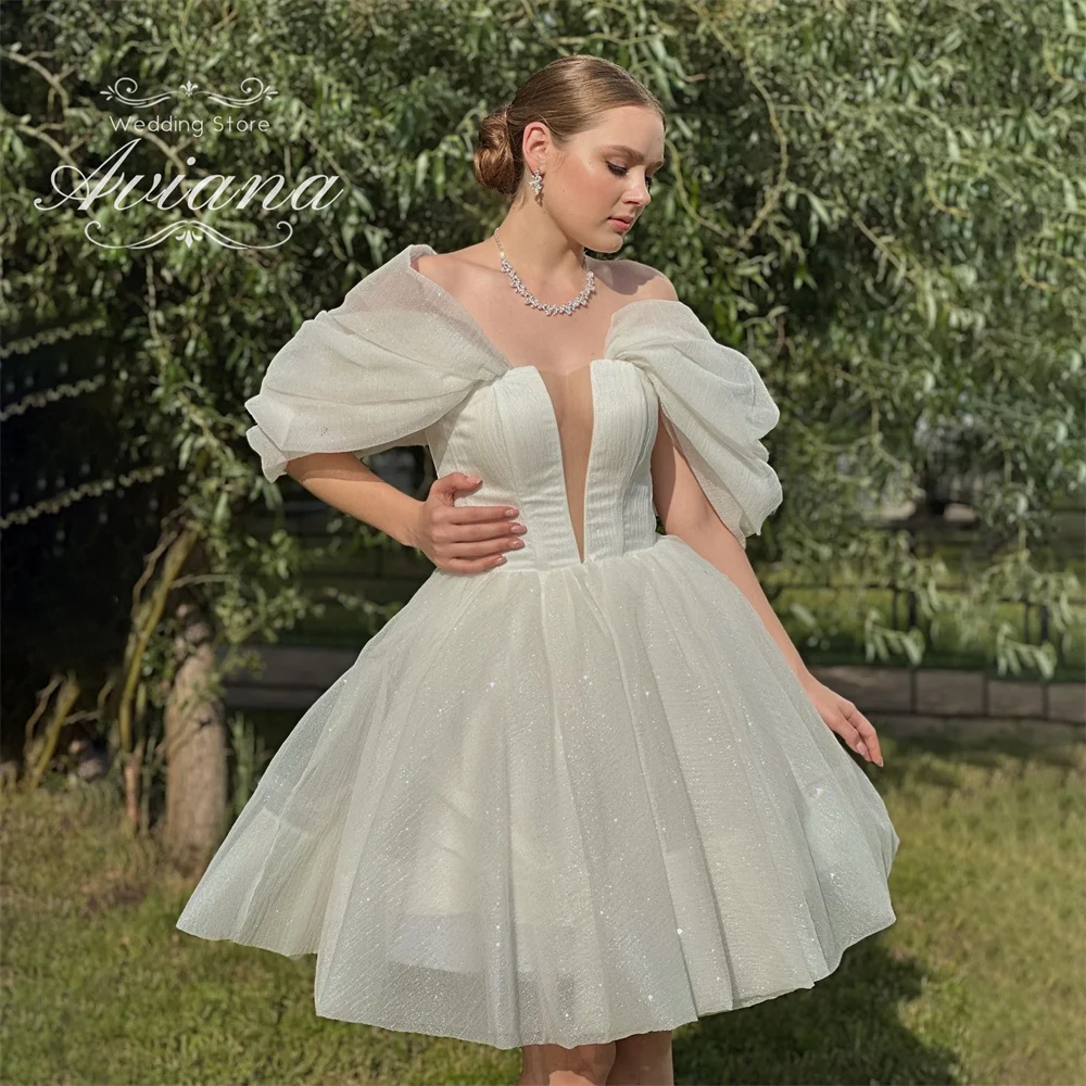 Aviana Customized Deep V-Neck Off The Shoudler A-Line Short Wedding Dress Ruffles Design Above Knee Sparkling Mini Party Dress