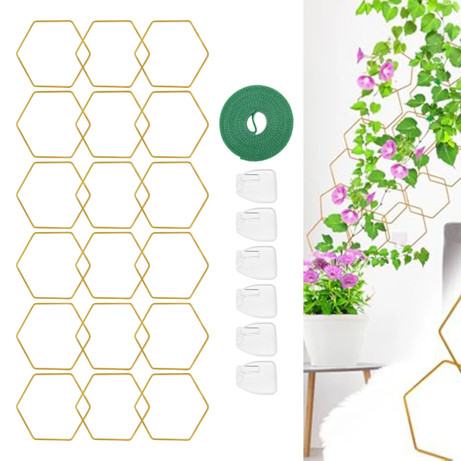 18Pcs Gold Hexagonal Plant Climbing Support Frame Weatherproof Coating Plant Climbing Stand With Hooks And Straps For Outdoor