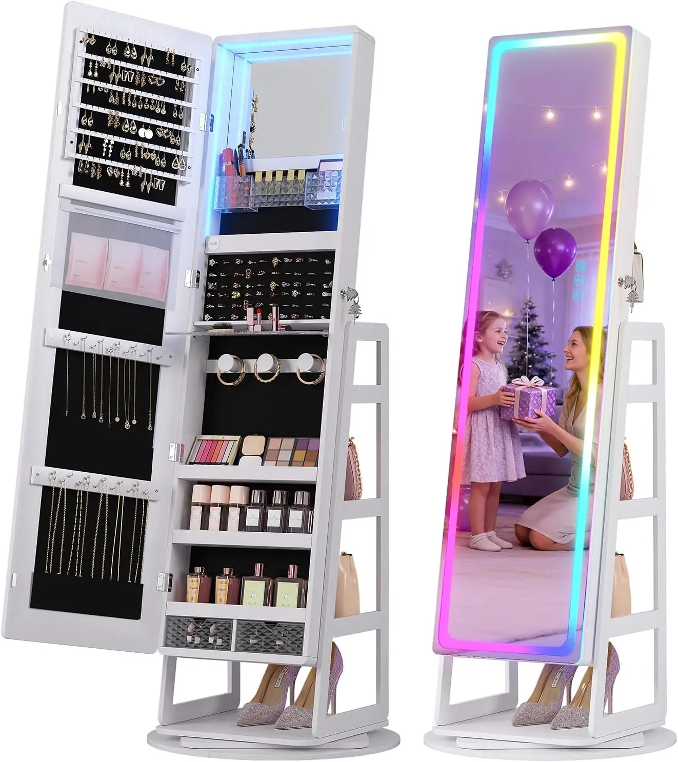 RGB Jewelry Cabinet Full Length Mirror 360 Rotating Lockable 12 Zone Velvet Floor Standing Jewelry Organizer 108 Earring Slots 2
