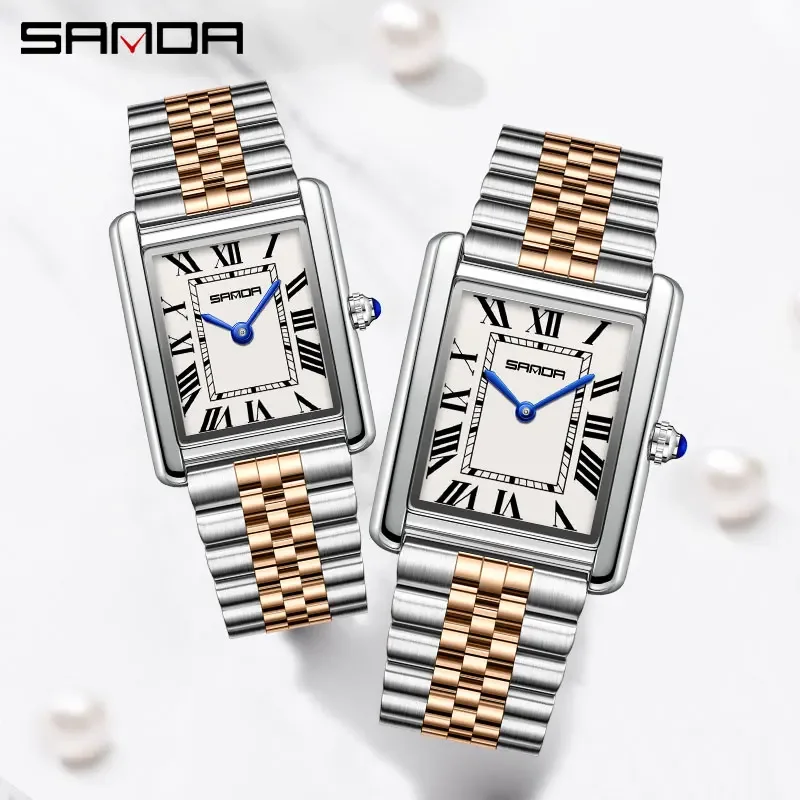SANDA Couple Tank Quartz Watch Waterproof Fashion Couple Watch Wear Resistant Stainless Strap Square Dial Design Women Lady Gift