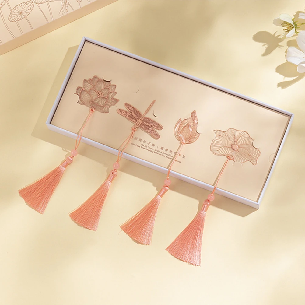 

4pcs Lotus Leaf Hollow Bookmarks Decorative Vintage Style Tassel Bookmark Gift For Readers Students Metal Hanging Page