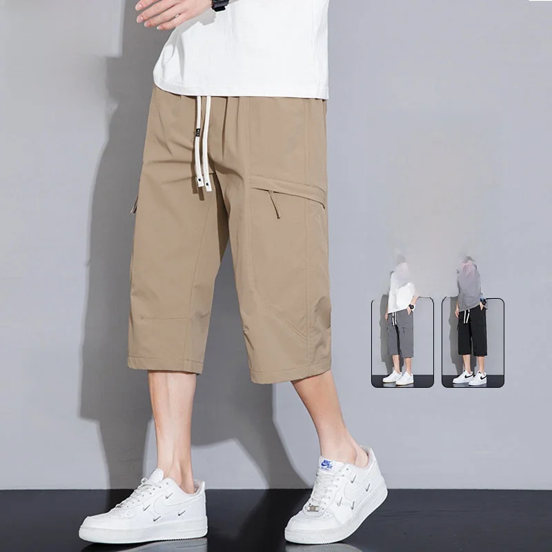 

Rn Men's Ice Silk Seven-Foot Pants Straight Leg Casual orts Spor Trendy Summer Leisure Trousers Breathable Thin Material