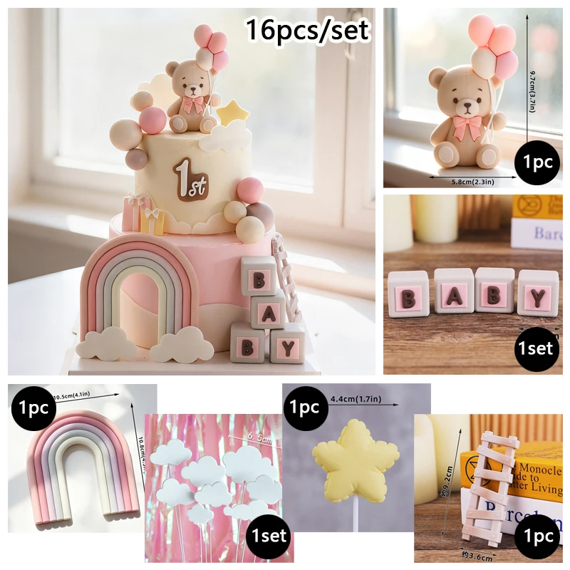 Cartoon Ballon Bär Kuchen Dekor Rosa Schleife Baby Thema Kuchen Topper für Mädchen 1. Geburtstag Party Baby Dusche Dekorationen Lieferungen – Detail 4