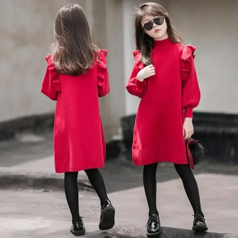 winter autumn Child lace Kids Girls Clothes Red Knitted Ruffles Teenager Long Sleeve Sweater Dresses 7 8 9 10 11 12 13 14 Years