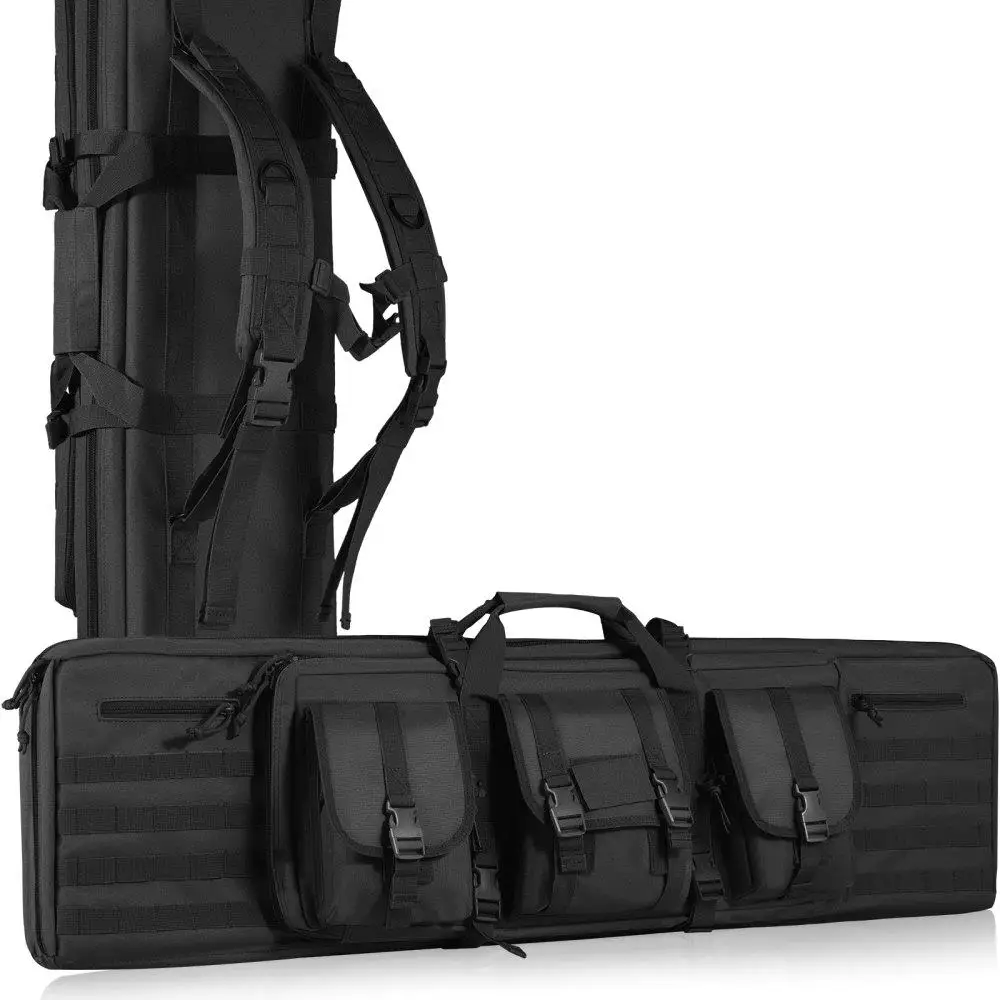 

Tactical Double Firearm Bag 42 Inch Soft Outdoor Case with Lockable Zipper Portable Handle Shoulder Strap 3 Large Pockets Black