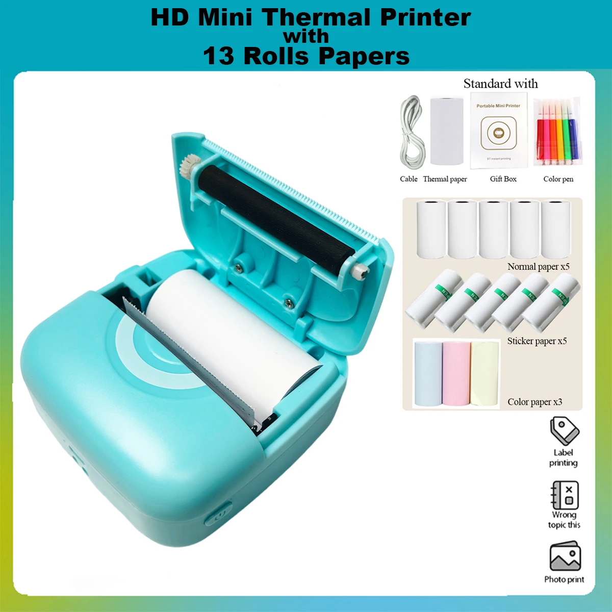 Thermal Printer Portable Mini 57mm Printing Wireless BT 203dpi Photo Label Memo Wrong Question Printing With USB Cable