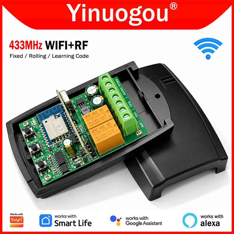 Works With Tuya Wifi Garage Door Opener Gate Receiver 433.92MHz Universal Garage Door Remote Control Receiver Smart Switch Relay