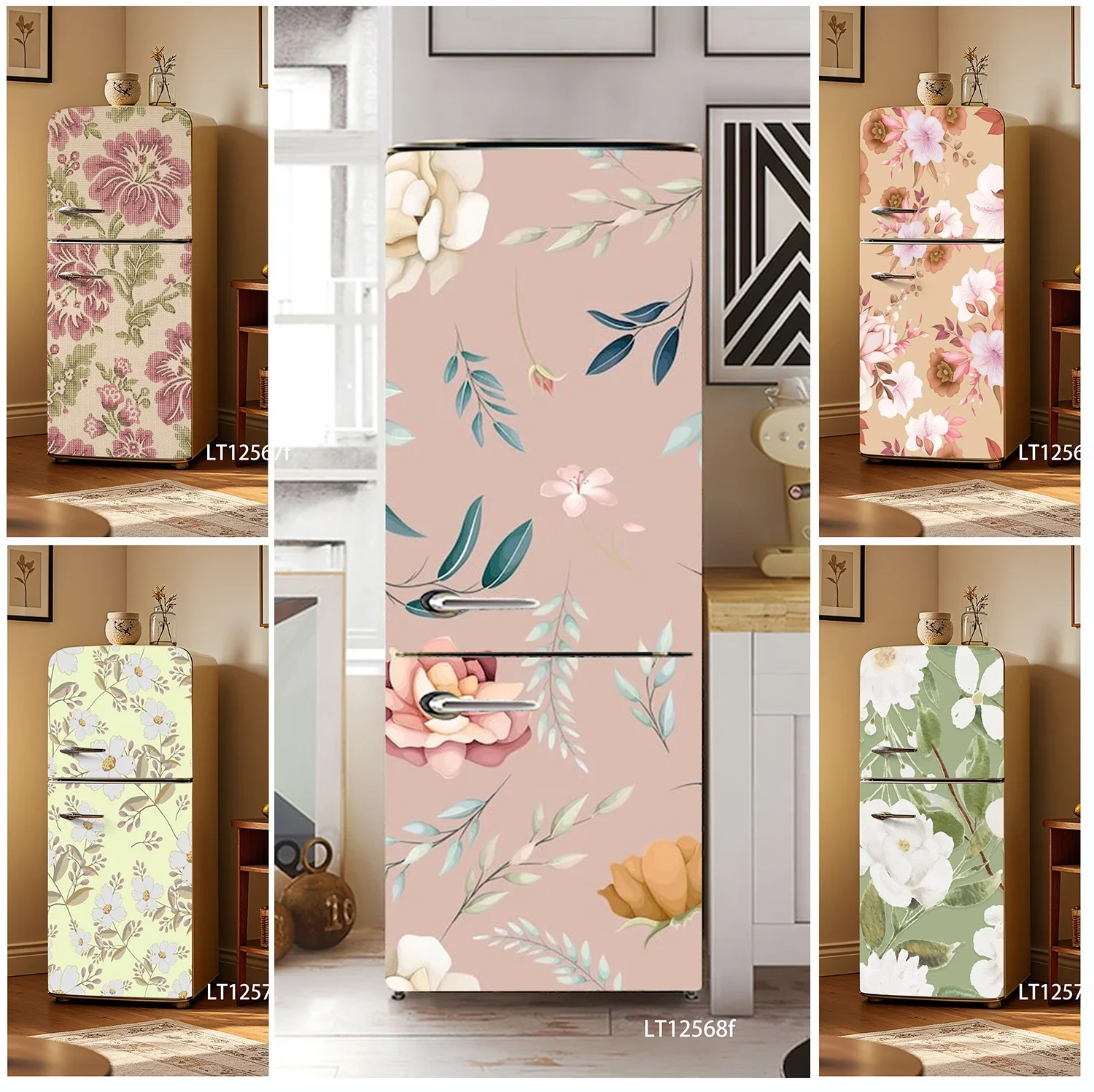 French Watercolor Style Gray Base Pink Rose Fridge Sticker,White Floral With Gray Leaf Waterproof Self-adhesive Cabinet Decal