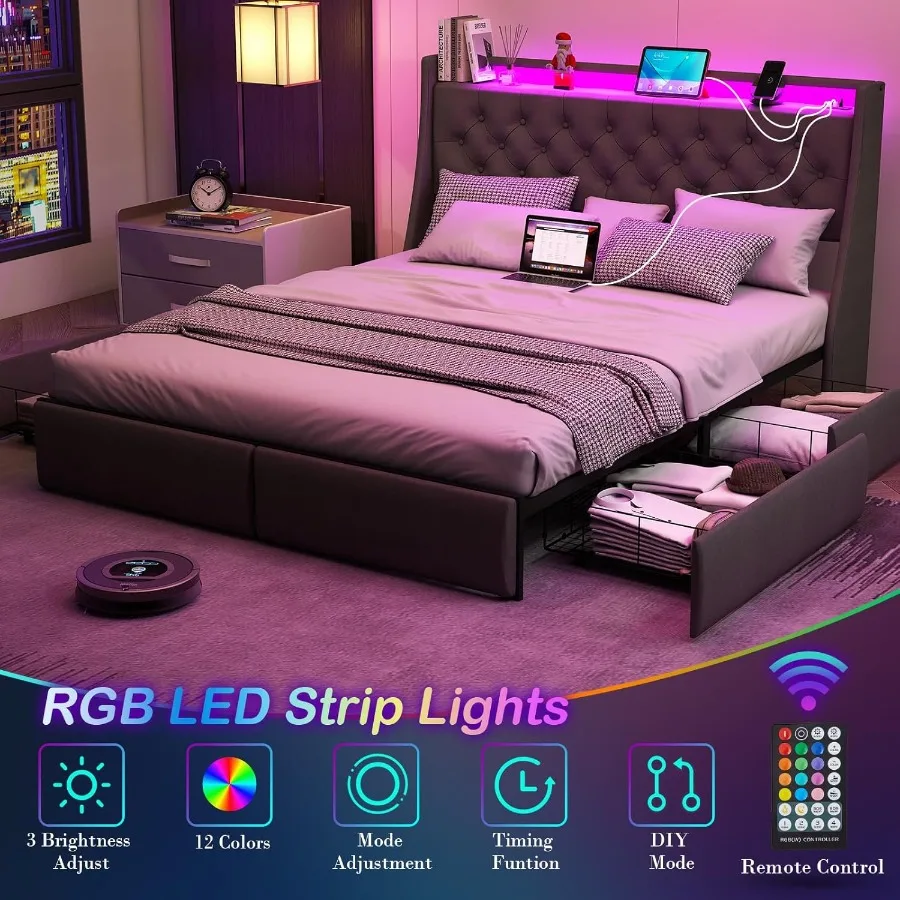 Queen Size Bed Frame with 4 Storage Drawers and LED Lights for Modern Bedrooms Upholstered Headboard with Built-in Charging Sta - Image 3