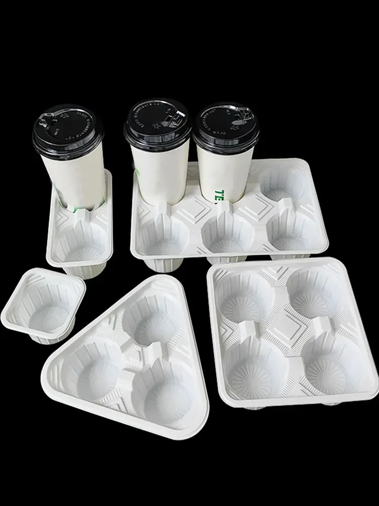 White Milk Tea Cup Holder Black Thick Plastic Coffee Beverage Takeaway Packaging Double Cup Fixed Grid Anti Scattering Tray