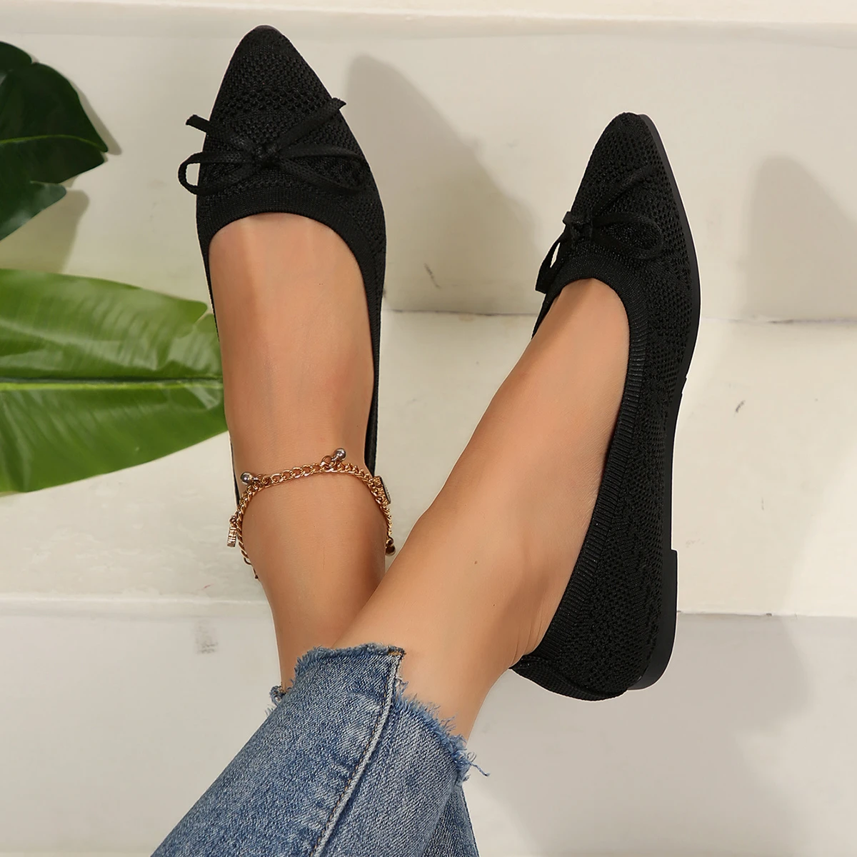 Pointed Bow Flying Flat Shoes Women's 2025 New Summer Casual Bean Shoes Knitted Soft Sole Knitted Women's Shoes Large Size 43