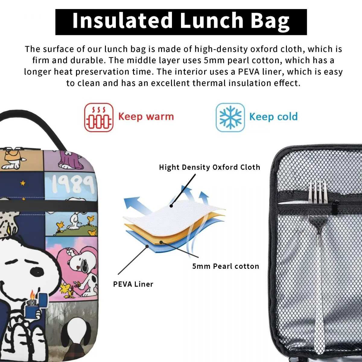 Cute Snoopy Cartoon Insulated Lunch Bag Peanuts Comic Lover Food Container Bags Reusable Thermal Cooler Lunch Boxes For Work