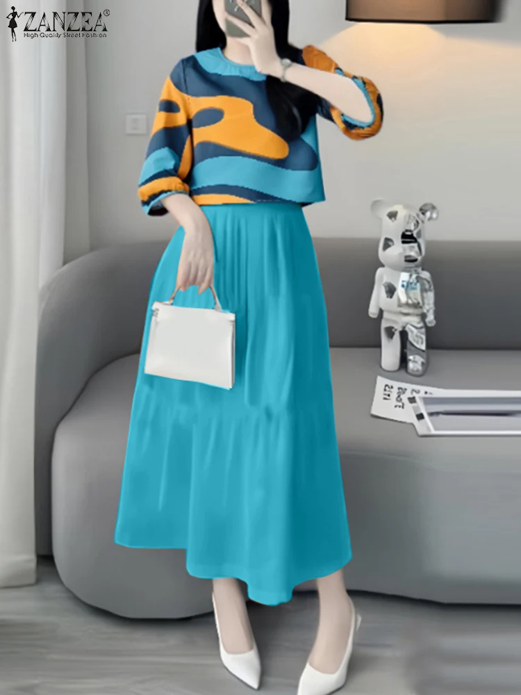 

ZANZEA Fashion 2 Piece Sets Woman Elegant Color-Blocked Pattern 3/4 Sleeve Tops A-line Tiered Skirts 2PCS Outfits Holiday Suits