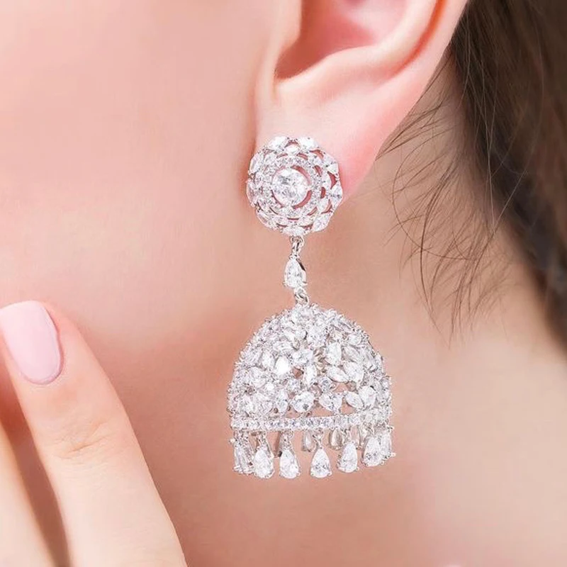 Luxury Big Bell Water Drop Tassels Long Dangle Earrings For Women Wedding Cubic Zircon Dubai Bridal Drop Earrings E7583