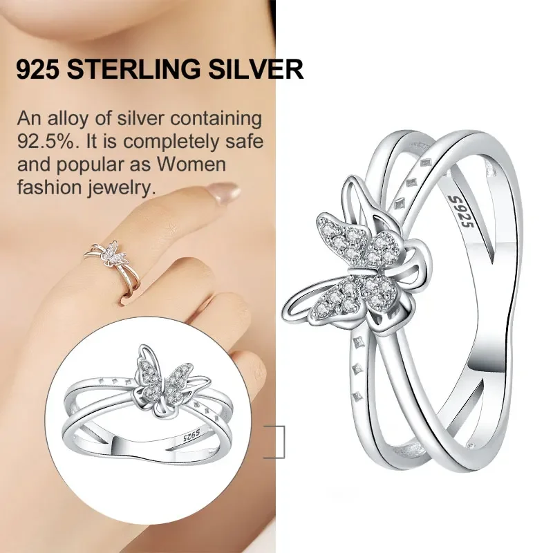 925 Sterling Silver Double Butterfly Rings Women Jewelry Anniversary Birthday Gifts for Mother Wife Girls Size 6-9 Wedding Rings