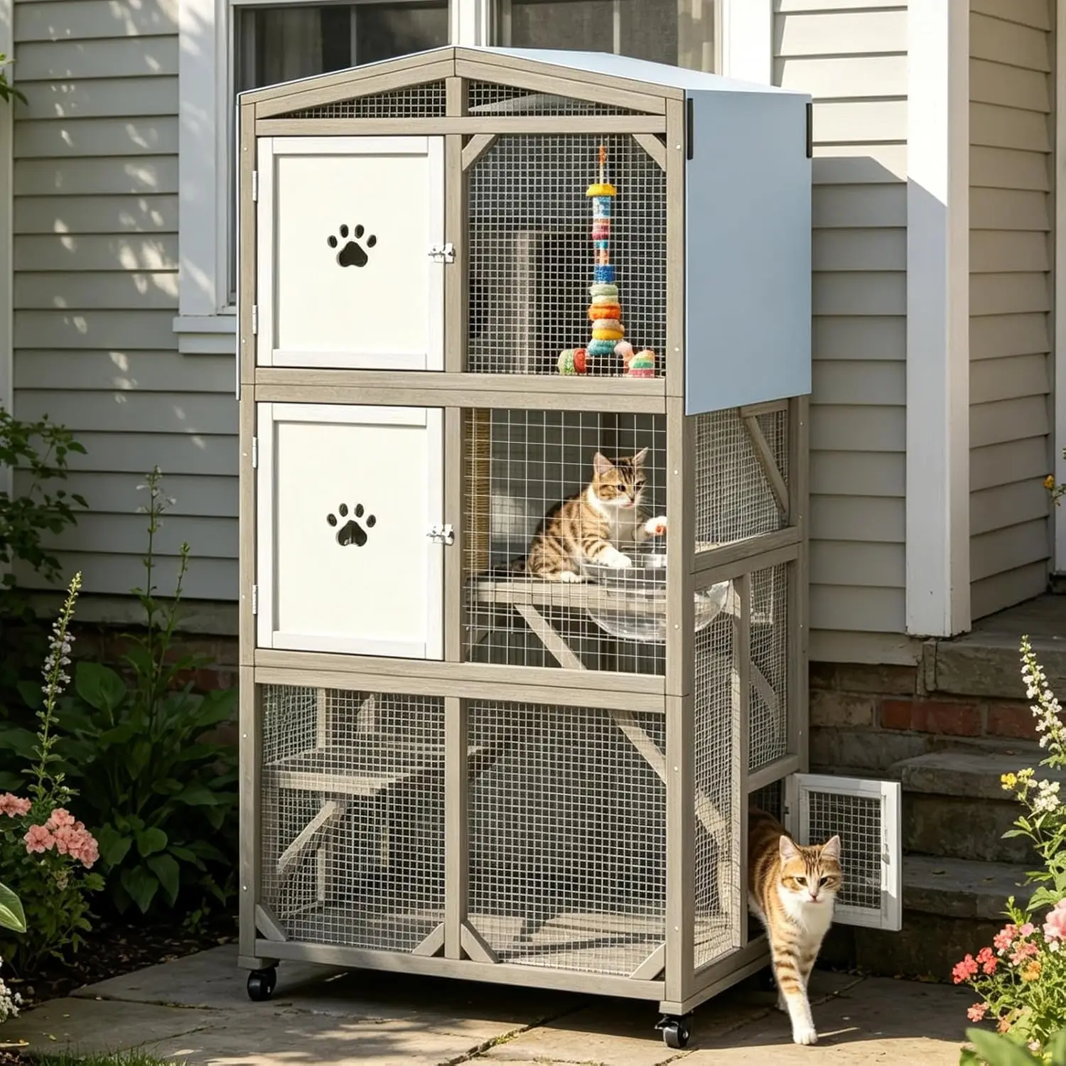 

66" H Large Catio Outdoor Cat Enclosure, Wooden Window Cat House with Wheels & 3 Platforms, Kitty Cage with Weatherproof Roof