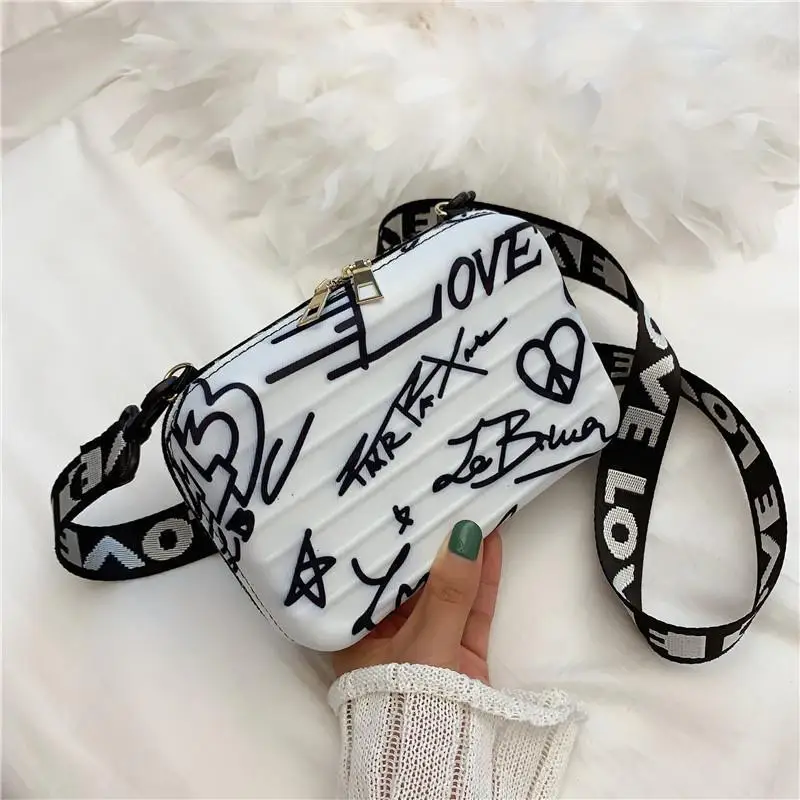 Women Mini Bag Graffiti Box PU Shouder Bag Wide strap Fashion Letter Zipper Pures And Bags Crossbody Euro-America style