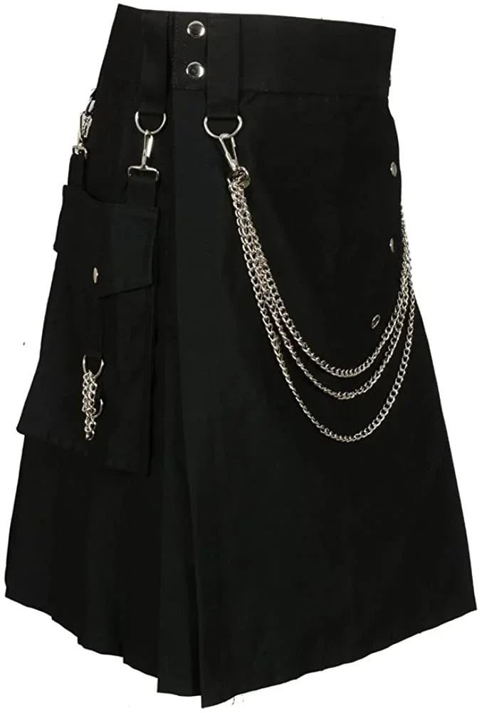 

Scottish Black Fashion Utility Kilt With Silver Chains