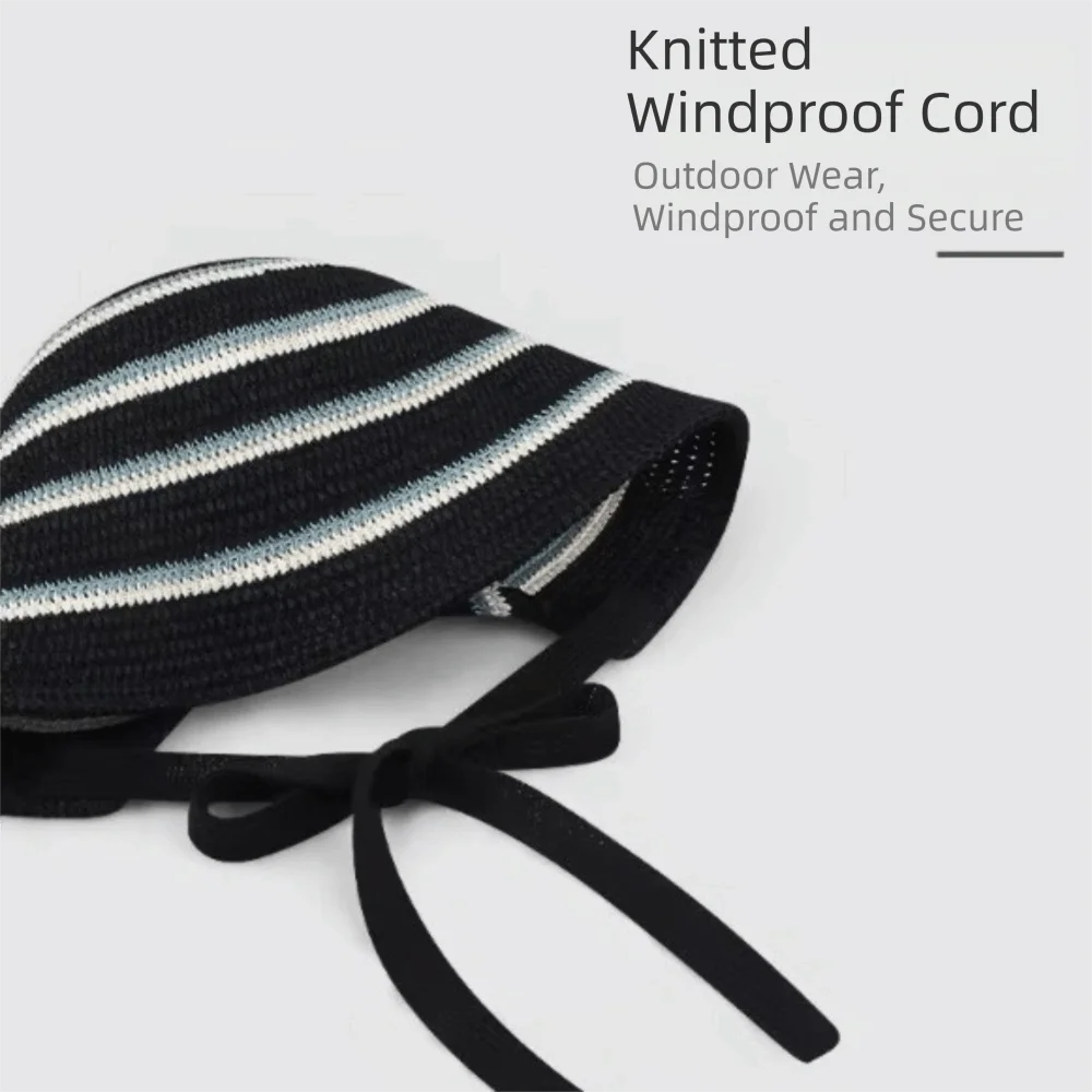 Openwork Colorful Striped Bucket Hat Hollow Out Knitted Basin Hat Thin Breathable Panama Hat Women
