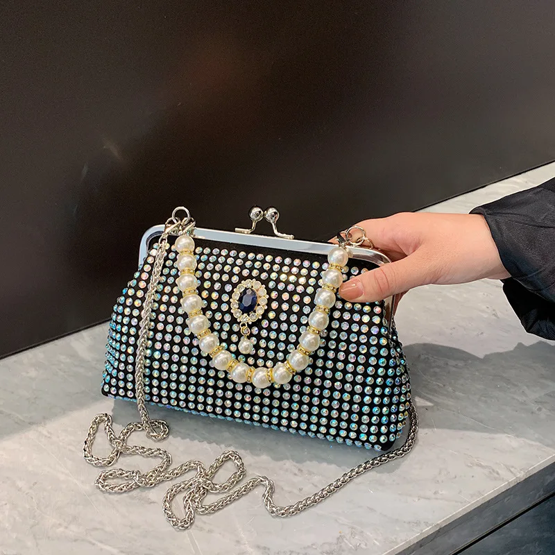 Pearl Handle Handbags for Women Designer Luxury Rhinestone Diamonds Evening Clutch Chain Shell Crossbody Bag Evening Party Purse