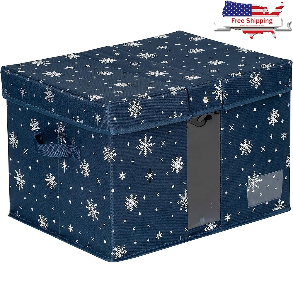 

Deluxe Holiday Storage Box Durable Polyester Festive Organizer Easy Access Snap Shut Lid Stackable Handles Window 14L x 18W x