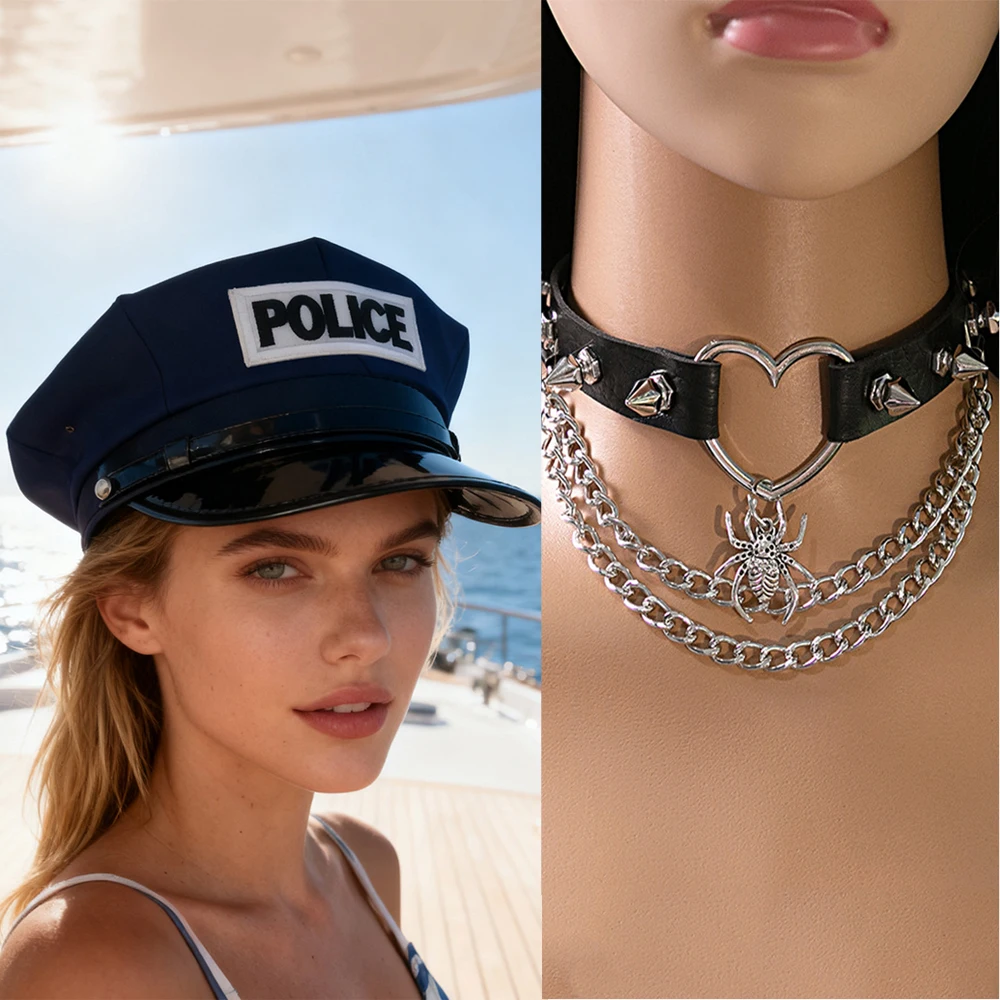 2pc PU Neck Collar Necklace Cosplay Police Hat Children's Fun Uniform Hat Costume Prop Hat Breathable Flat Top Large Cap