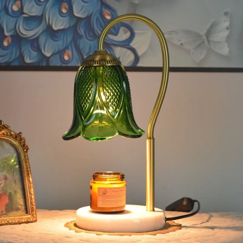 Lampada da scrivania in cera fusa per aromaterapia americana interamente in rame, paralume verde, giada, studio, camera da letto, comodino, luce ambientale