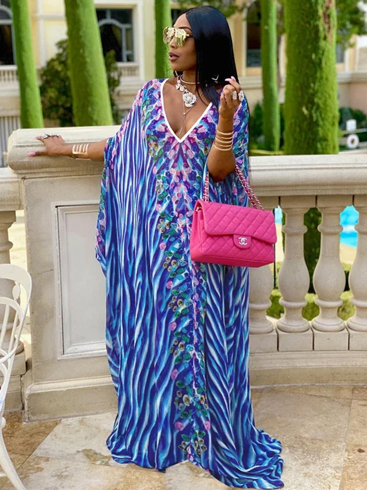 Over Size Bohemian Dress Chiffon Beach Cover Up  V Neck Print Beachwear Summer Kaftan Dress Robe Plage Swimsuit Cover Up