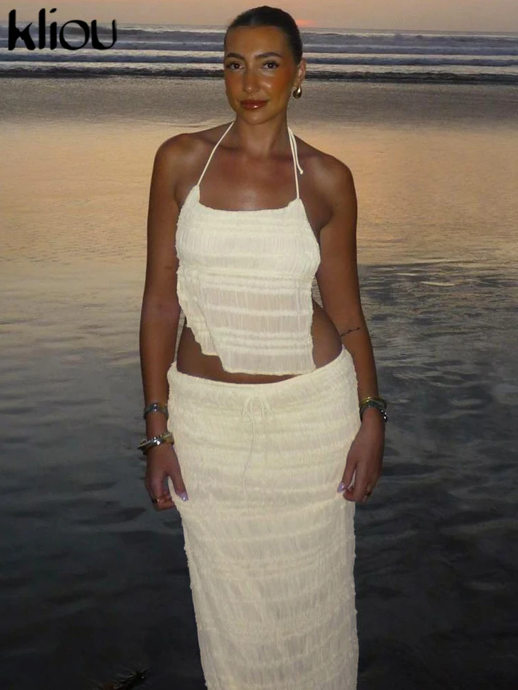 kliou Mesh Shirring Women 2 Piece Set Solid Unique Halter Backless Tanks+Matching Maxi Skirts Female Holiday Beach Outfits New