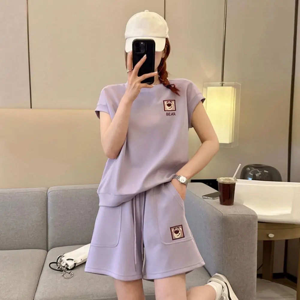 2 Pcs/Set Women Top Shorts Set Short Sleeves T-shirt Drawstring Elastic Waist Loose Above Knee Length Pants Set Casual Tracksuit