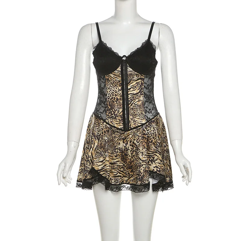 Leosoxs Abito con canottiera con stampa leopardata Donna Sexy Patchwork Orlo in pizzo Backless Vacanze di compleanno Midnight Clubwear Chic Y2K Aderente