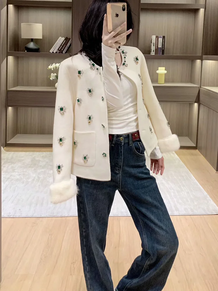 New Women Real Mink Fur Cuffs Cashmere Wool Woolen Coat  Winter Jacket Ladies Outerwear Streetwear