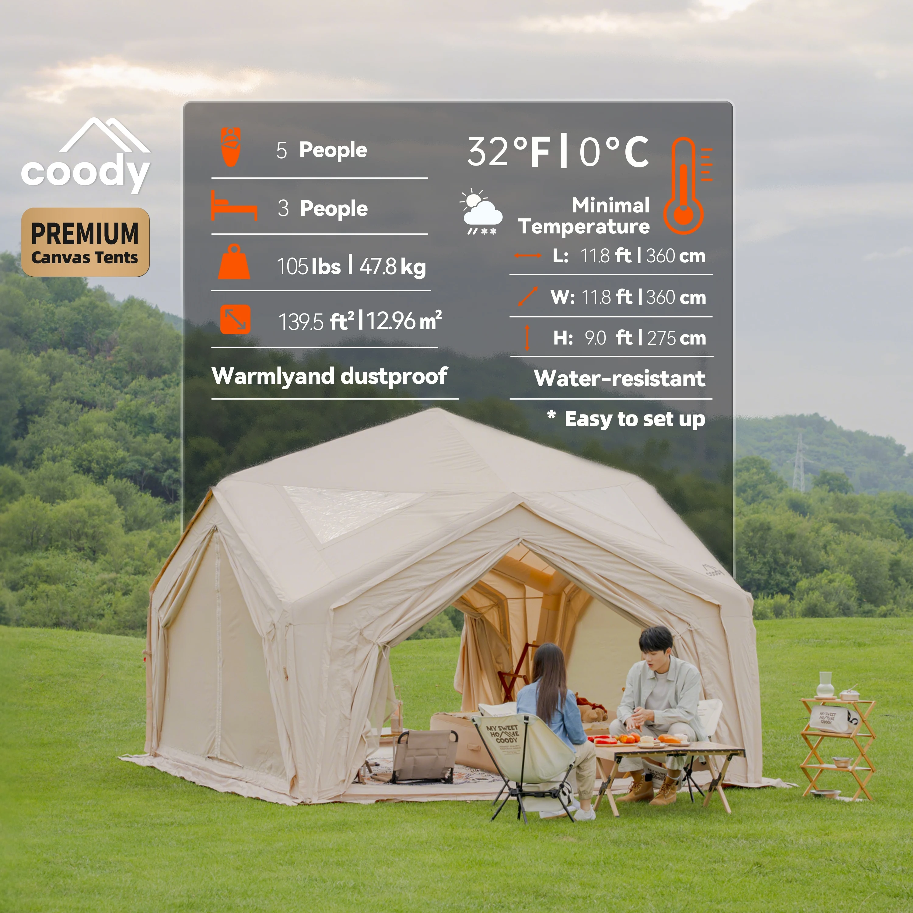 Hub Station Air Tent-Beige Camping Family 3-5 Person Four Season Luxury Outdoor Canvas Unique Portable Inflatable Tent
