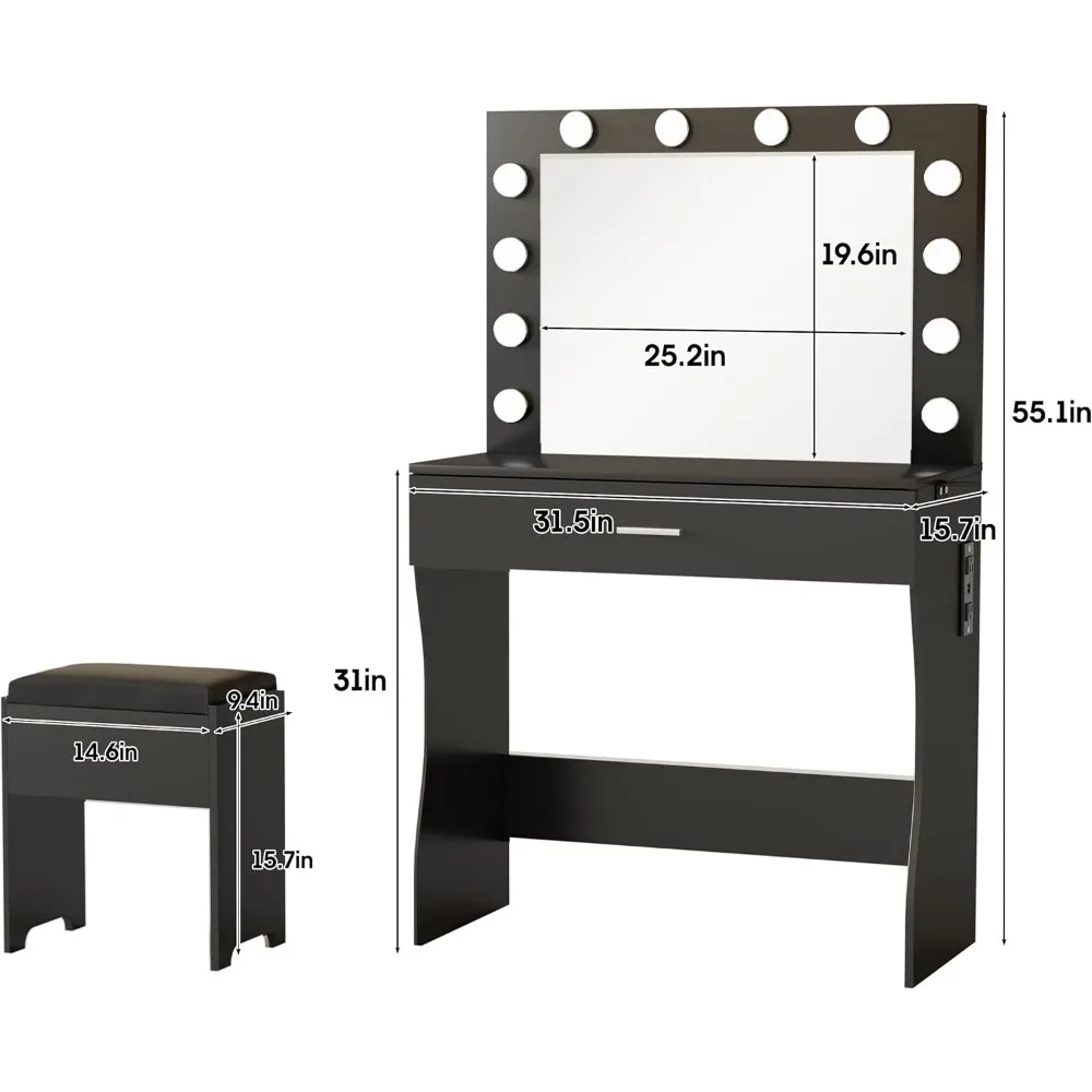 Bureau de courtoisie avec lumières, bureau de maquillage, miroir 4.2, station de charge, 3 modes d'éclairage, luminosité réglable