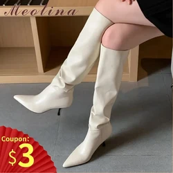 Meotina Pleated Real Leather High Heel Long Boots Women Shoes Pointed Toe Stiletto Heels Knee-High Boots Autumn Winter Beige 43