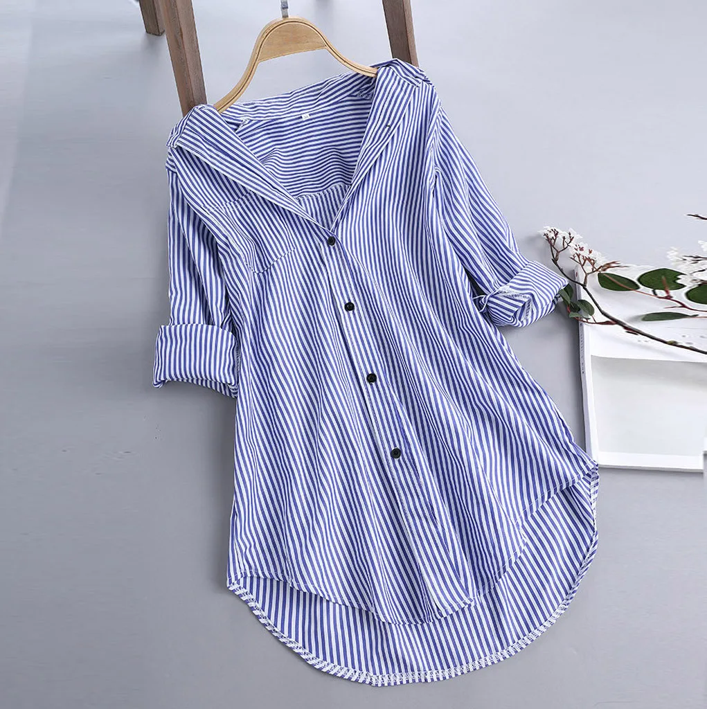 

Women's Pink Striped Cotton Long Sve irt Turn-down Collar Faionable Ladies' Premium Quali irt