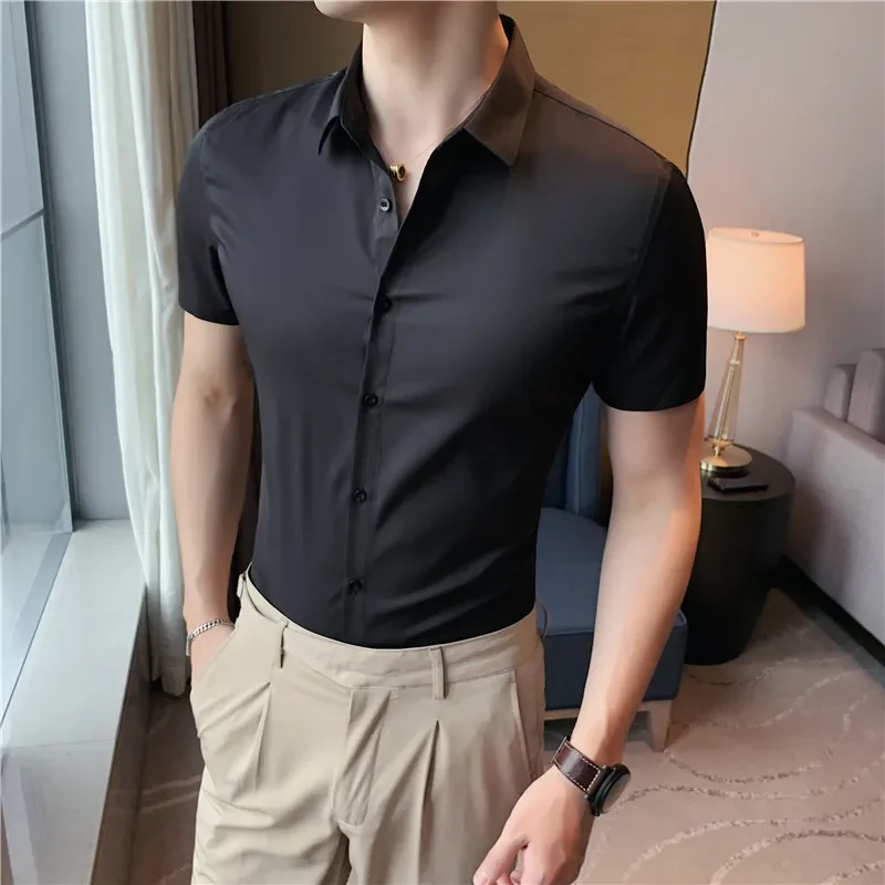 

High Quality Ice Silk Shirt for Men Solid Color Short Seeved Casual Shirts No Ironing Business Social Dress Shirts M-4XL